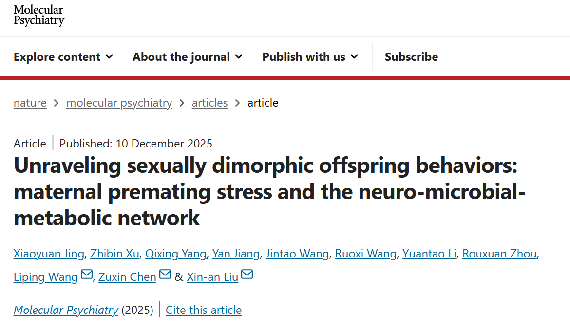 Mol Psychiatry｜深圳先进院刘欣安/陈祖昕/王立平合作揭示母代孕前压力影响子代成年后精神行为的脑体互作网络机制